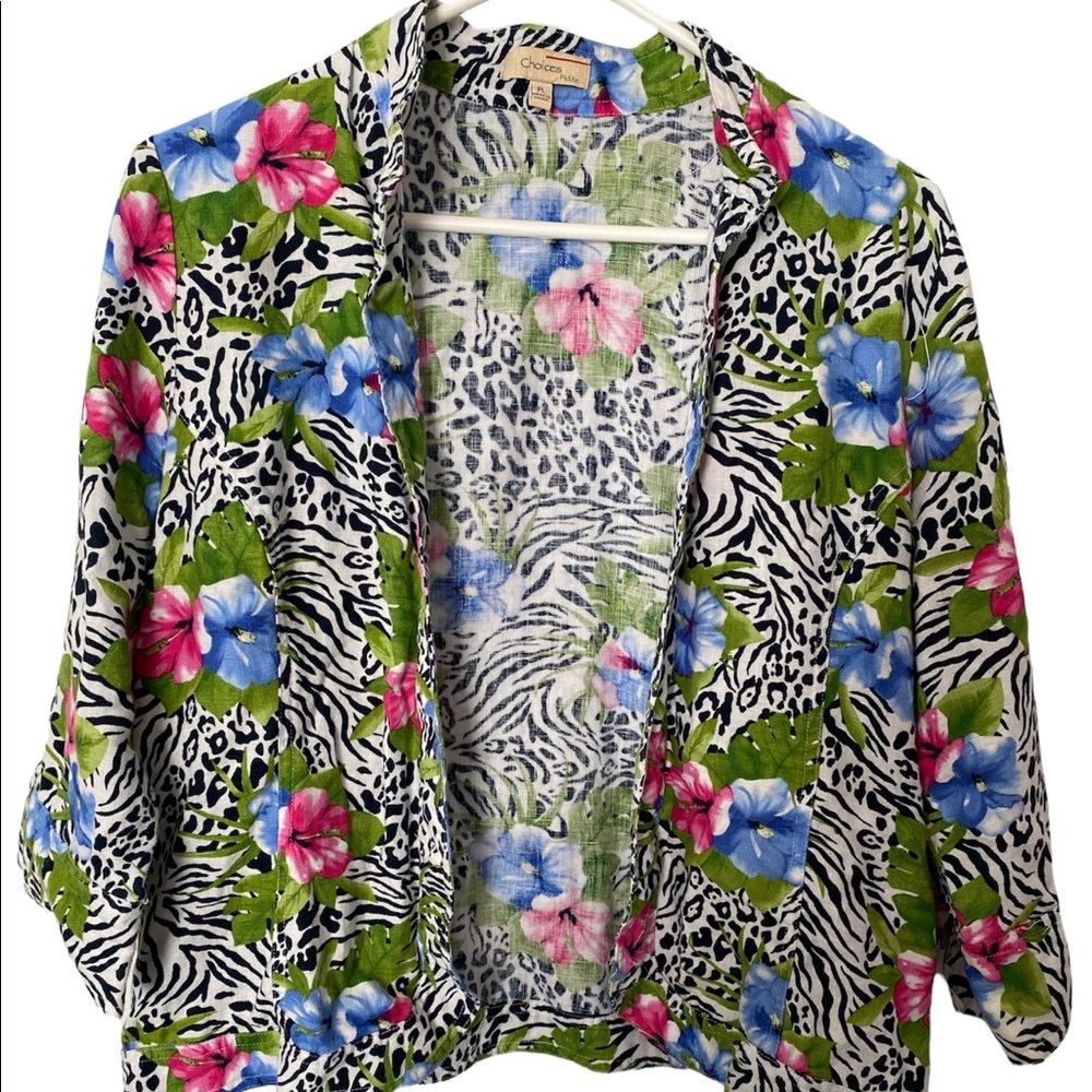 Choices Floral & Zebra Print Open Blazer in White, Black, Green, Blue, Pink